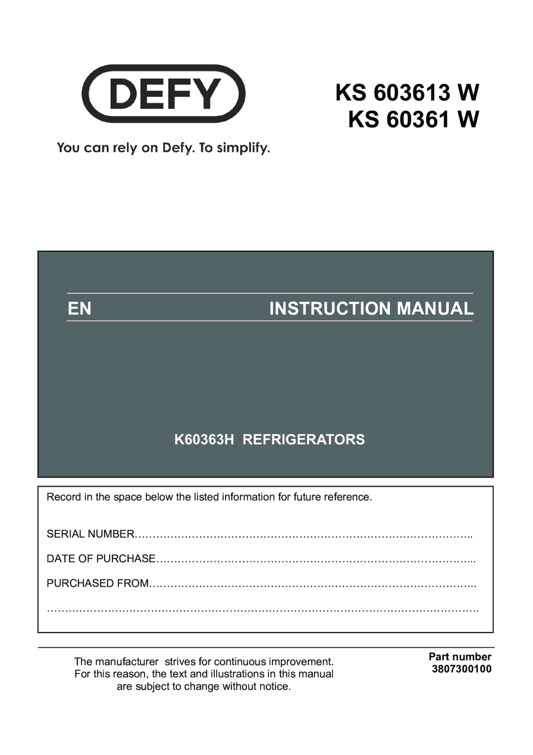 Defy Appliances KS 603613 W, KS 60361 W manual #$% #*+ #*+ $ 