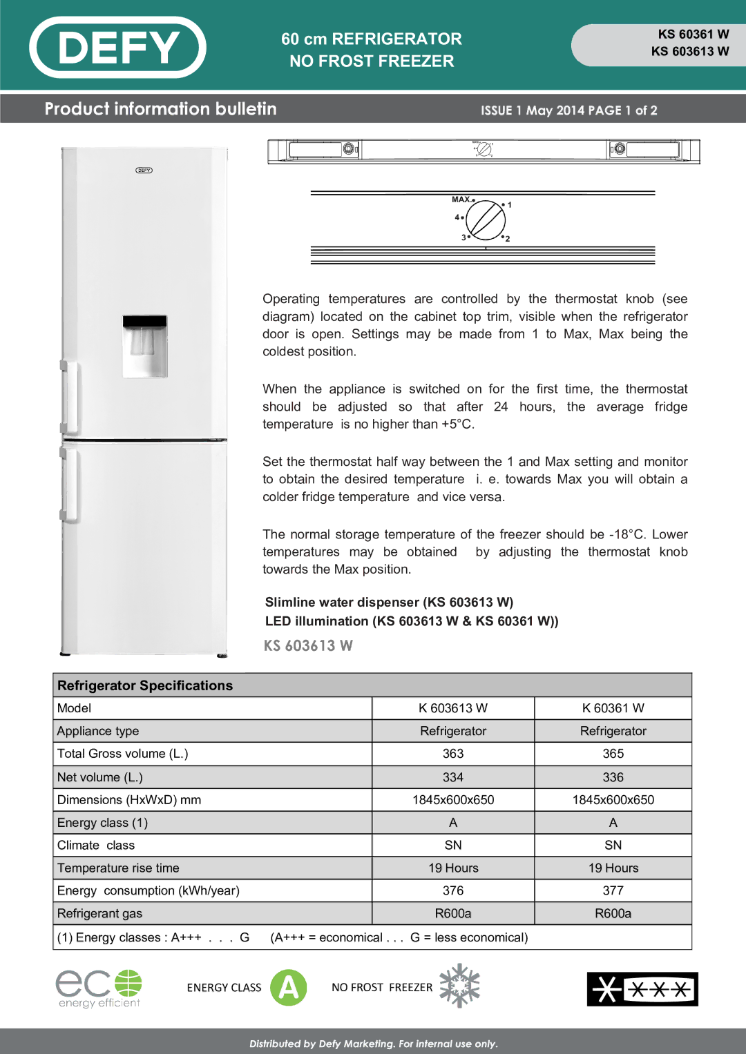 Defy Appliances KS 603613W, DFC402 specifications Product information bulletin, KS 603613 W, Refrigerator Specifications 