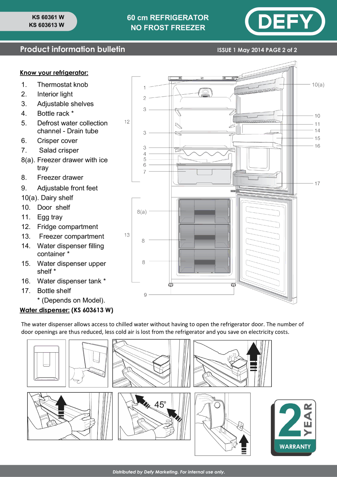 Defy Appliances DFC402, KS 60361W, KS 603613W specifications Know your refrigerator, Water dispenser KS 603613 W 