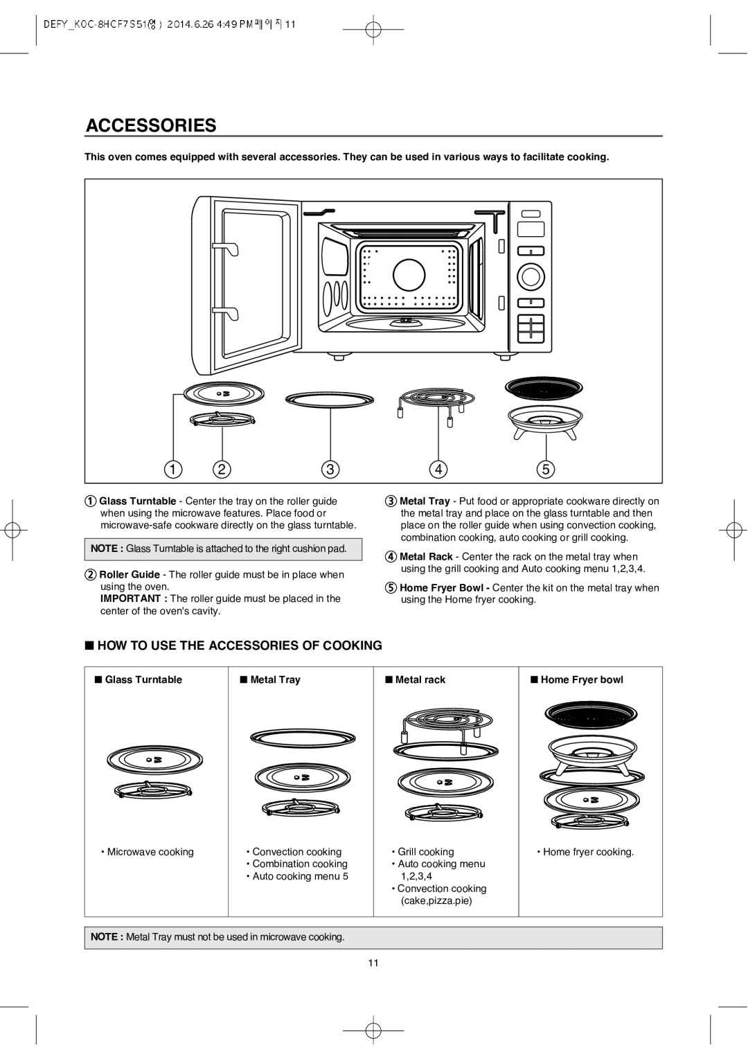 Defy Appliances MWA 2434 MM user manual Accessories, Glass Turntable Metal Tray Metal rack Home Fryer bowl 