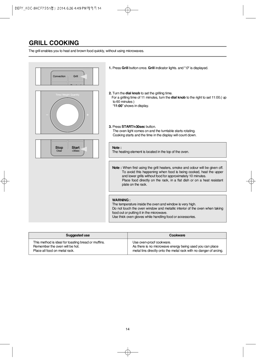 Defy Appliances MWA 2434 MM user manual Grill Cooking, Suggested use Cookware 