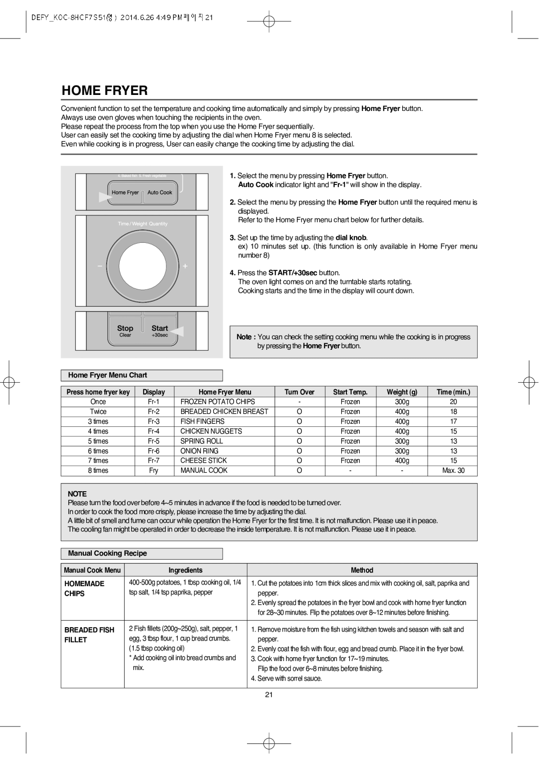 Defy Appliances MWA 2434 MM user manual Home Fryer, Homemade, Chips, Breaded Fish, Fillet 