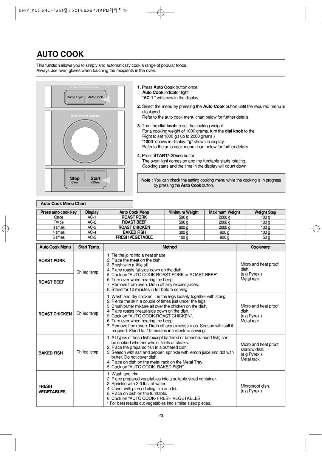 Defy Appliances MWA 2434 MM user manual Auto Cook 