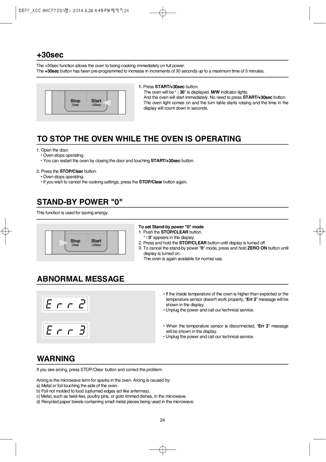 Defy Appliances MWA 2434 MM +30sec, To Stop the Oven While the Oven is Operating, STAND-BY Power, Abnormal Message 