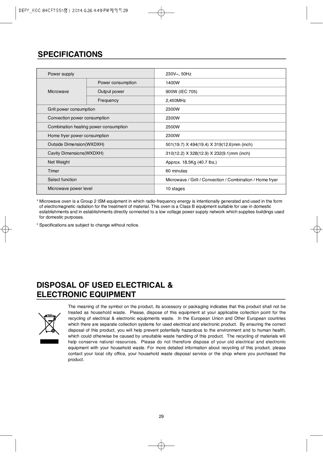 Defy Appliances MWA 2434 MM user manual Specifications, Disposal of Used Electrical Electronic Equipment 