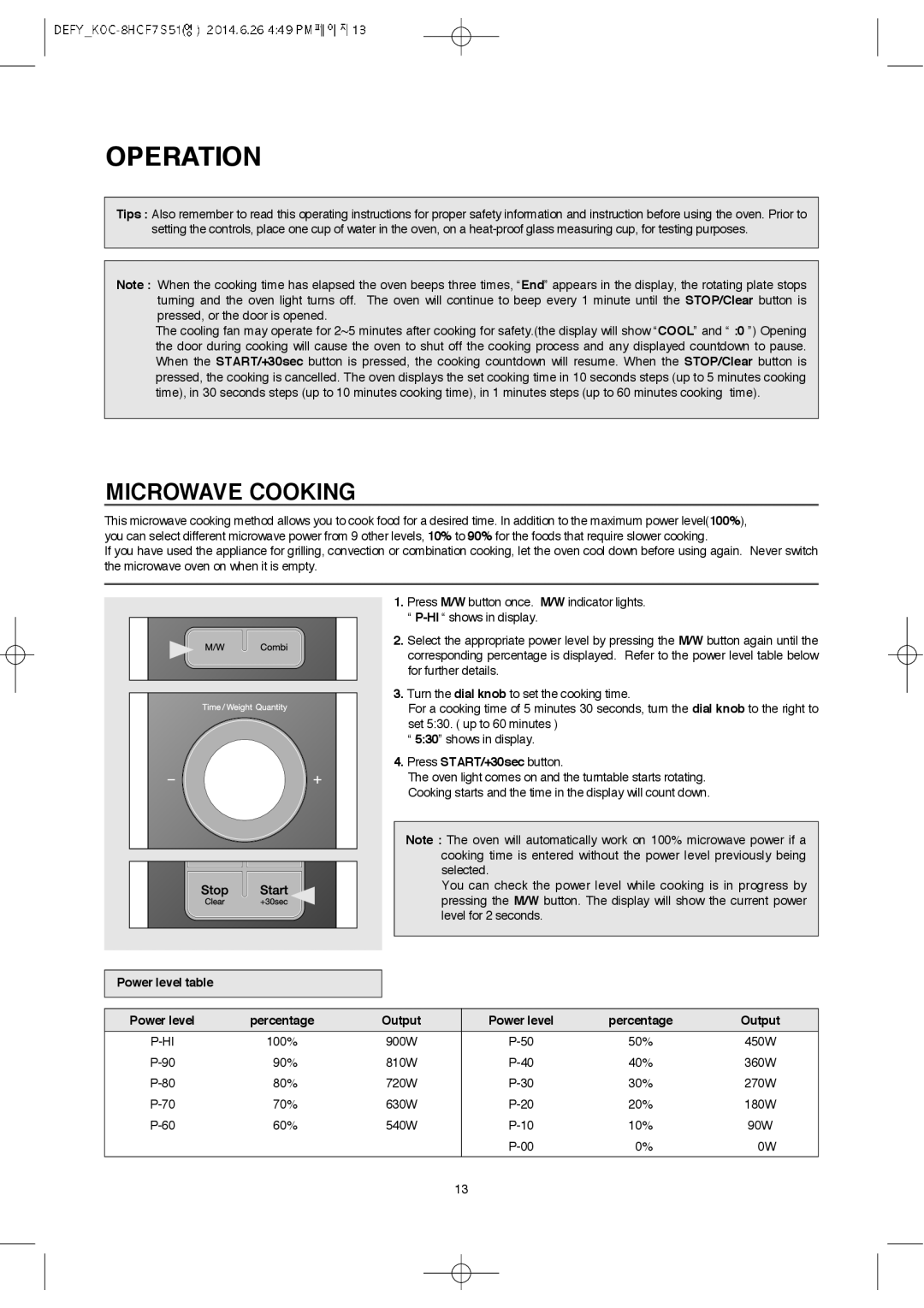 Defy Appliances MWA 2434 MM user manual Operation, Microwave Cooking, 900W 