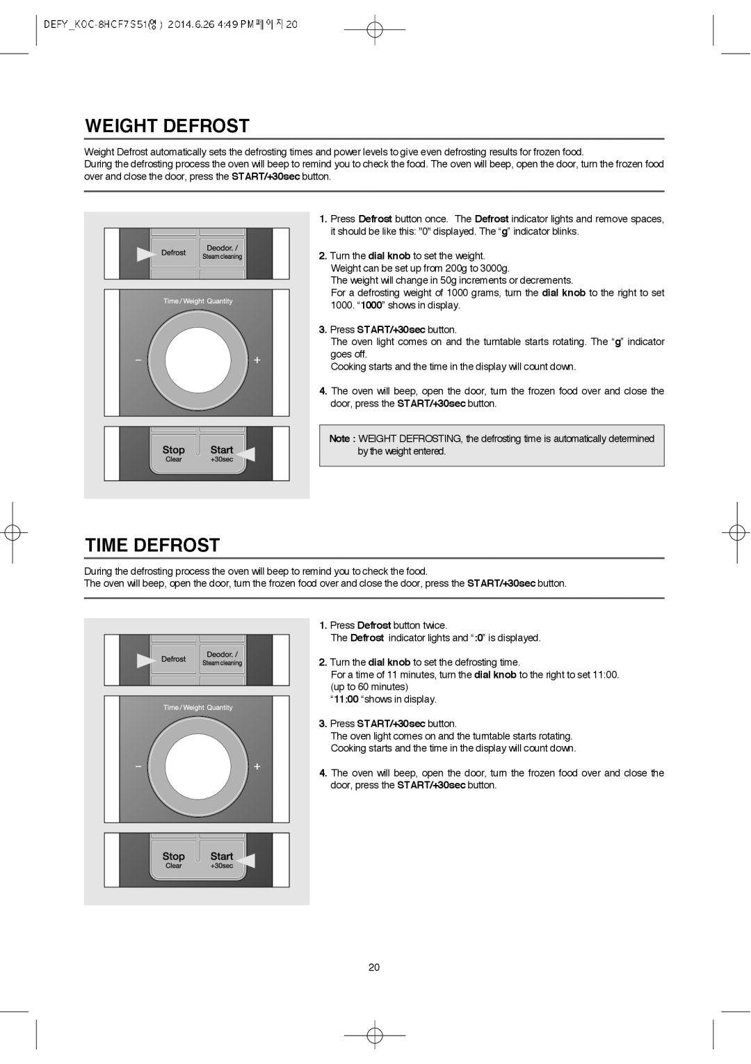 Defy Appliances MWA 2434 MM user manual Weight Defrost, Time Defrost 