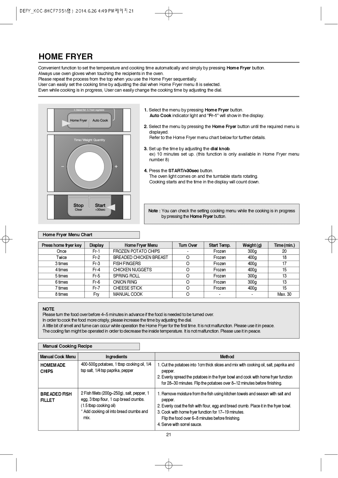 Defy Appliances MWA 2434 MM user manual Home Fryer 