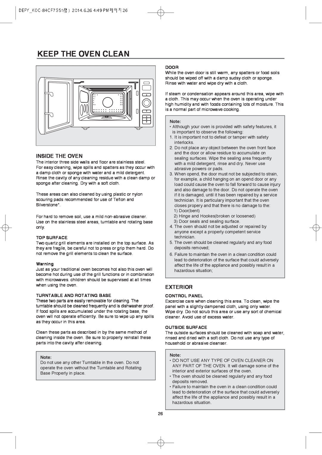 Defy Appliances MWA 2434 MM user manual Keep The Oven Clean, Inside The Oven, Exterior 