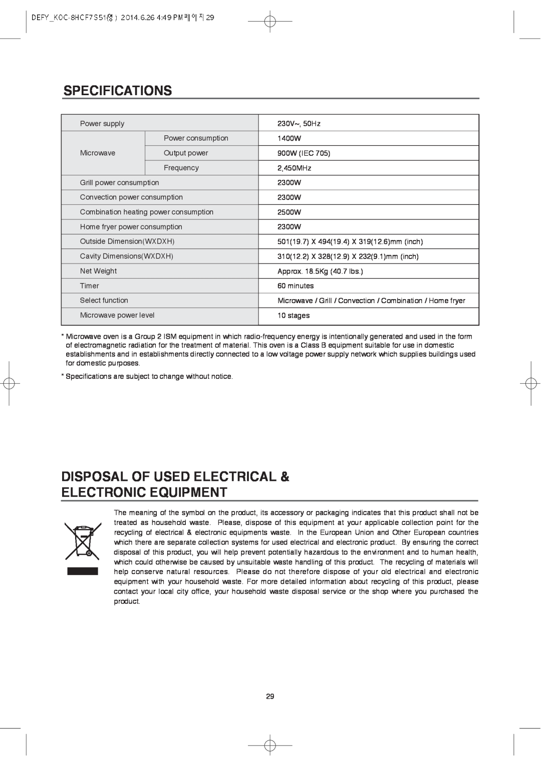 Defy Appliances MWA 2434 MM user manual Specifications, Disposal Of Used Electrical, Electronic Equipment 