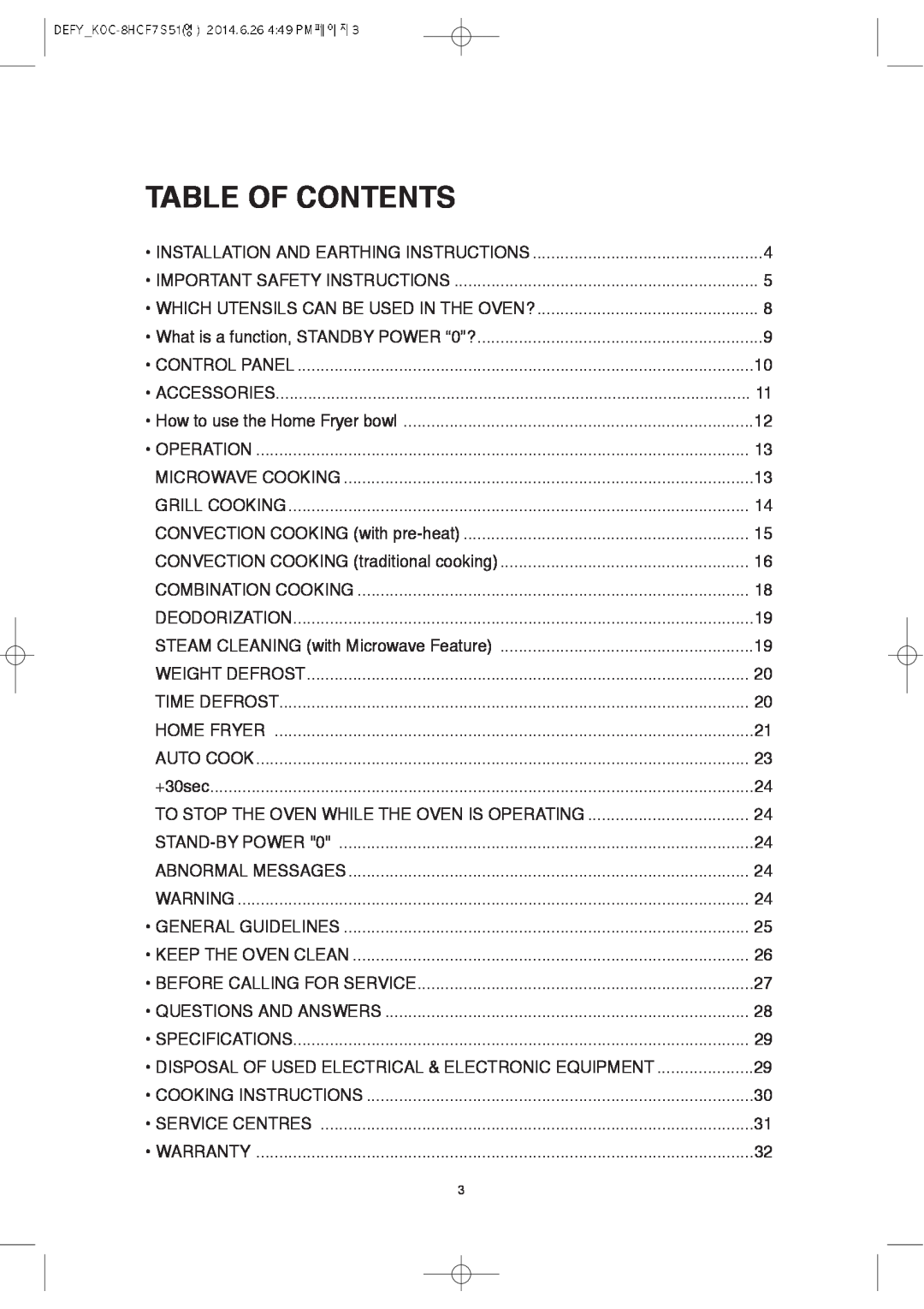 Defy Appliances MWA 2434 MM user manual Table Of Contents 
