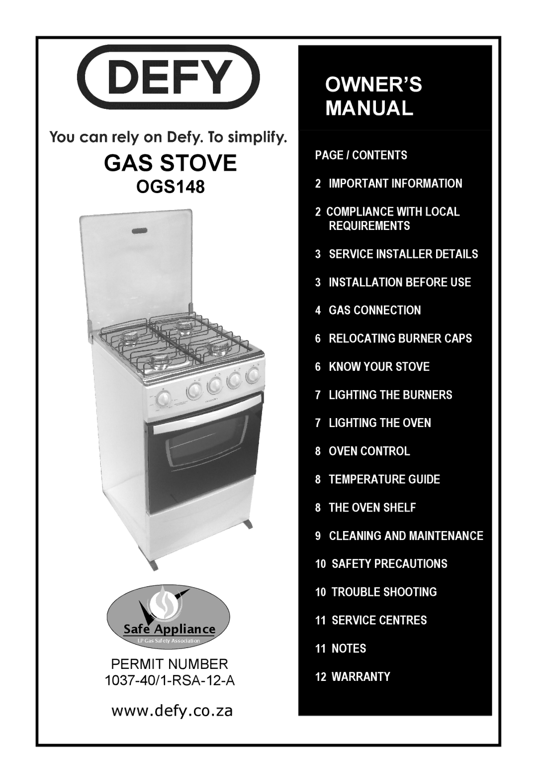 Defy Appliances OGS148 owner manual GAS Stove 