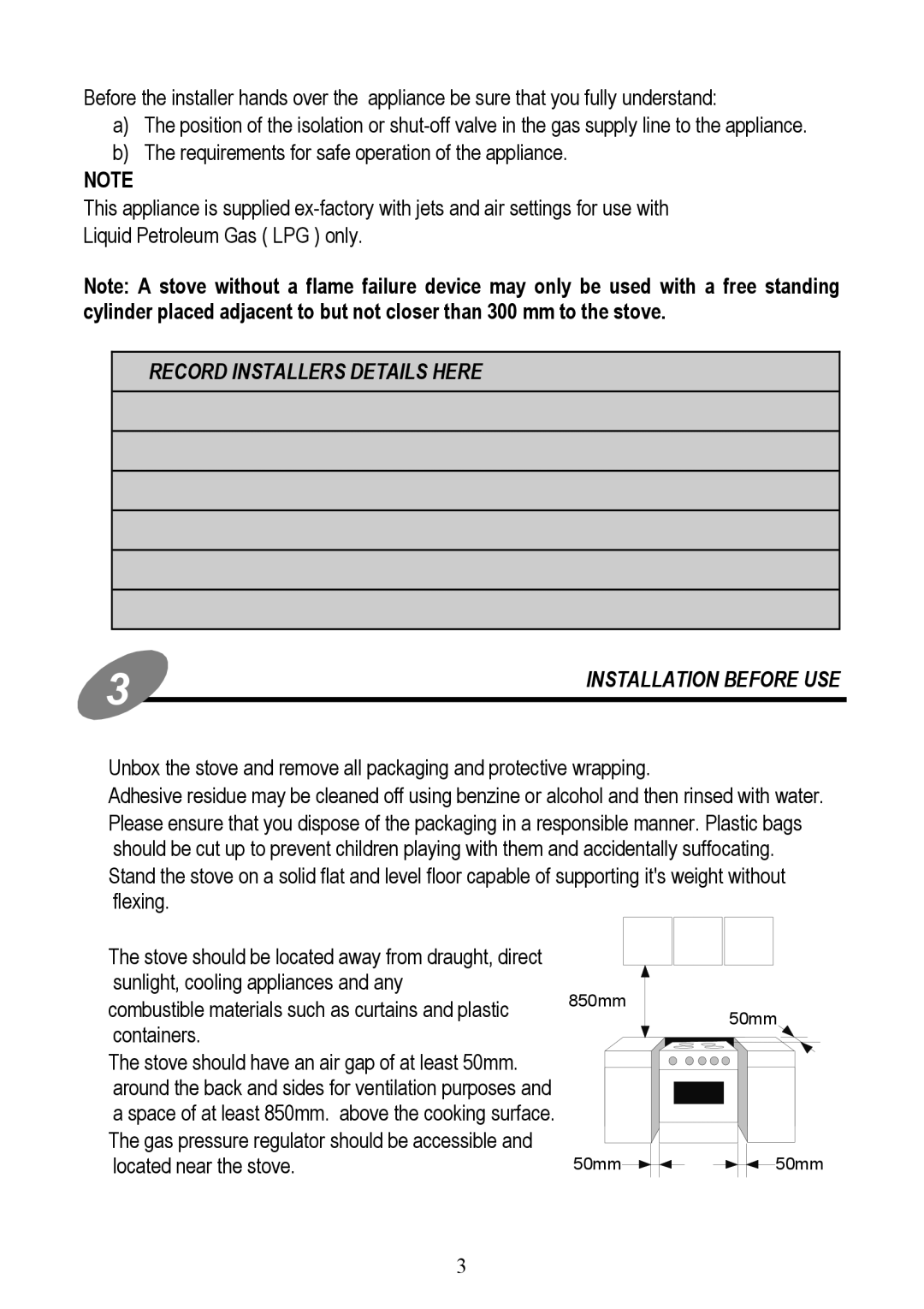 Defy Appliances OGS148 owner manual Record Installers Details Here Installation Before USE 