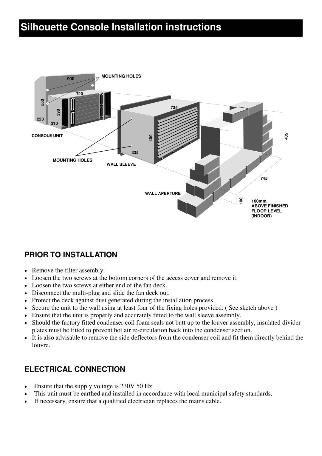 Defy Appliances Part Number 059 044 Silhouette Console Installation instructions, Prior to Installation 