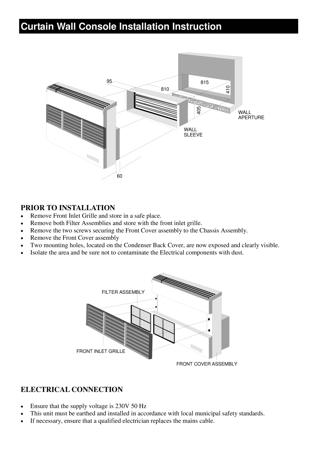 Defy Appliances Part Number 059 044 Curtain Wall Console Installation Instruction, Prior to Installation 