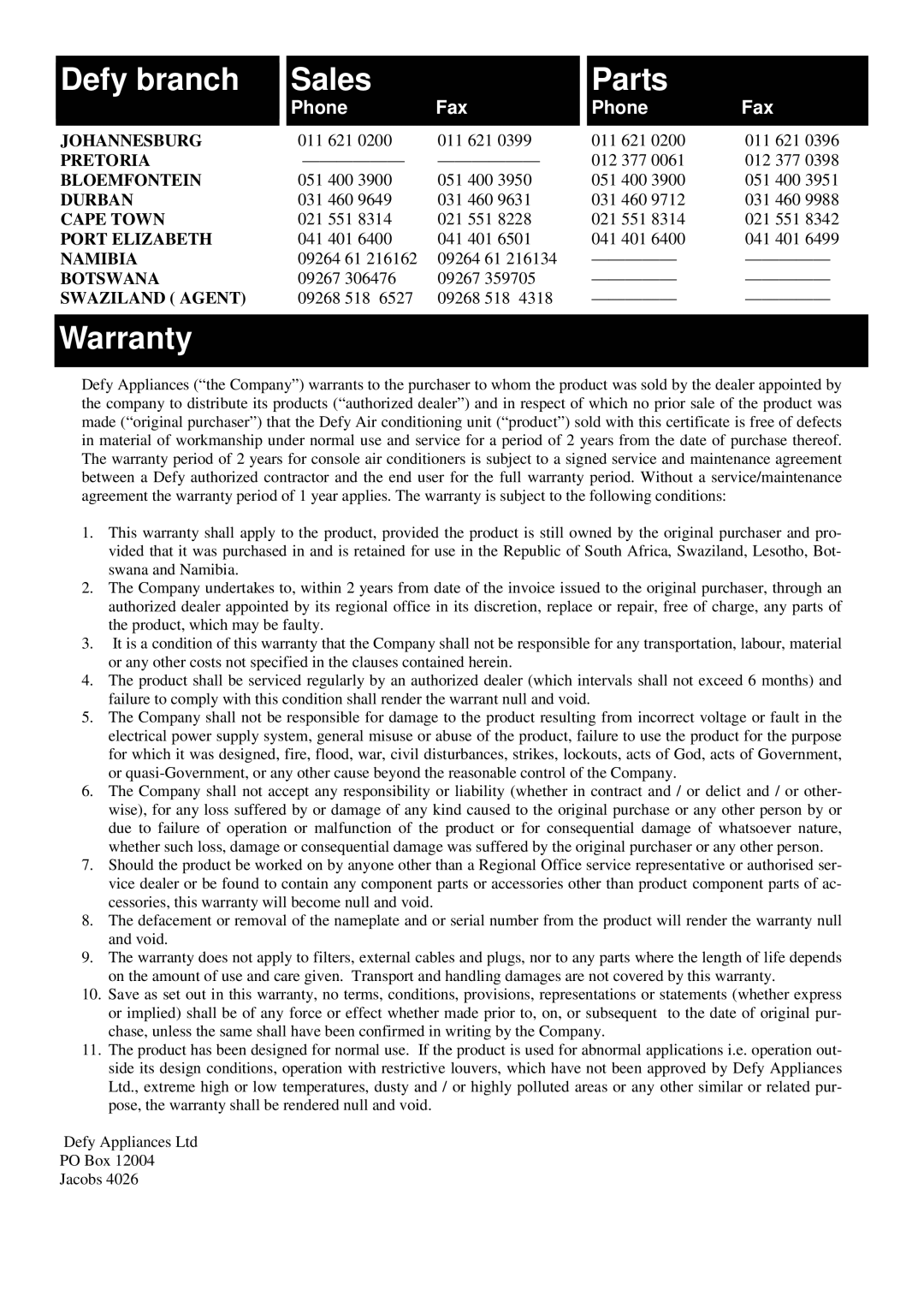 Defy Appliances Part Number 059 044 installation instructions Defy branch Sales Parts, Warranty 