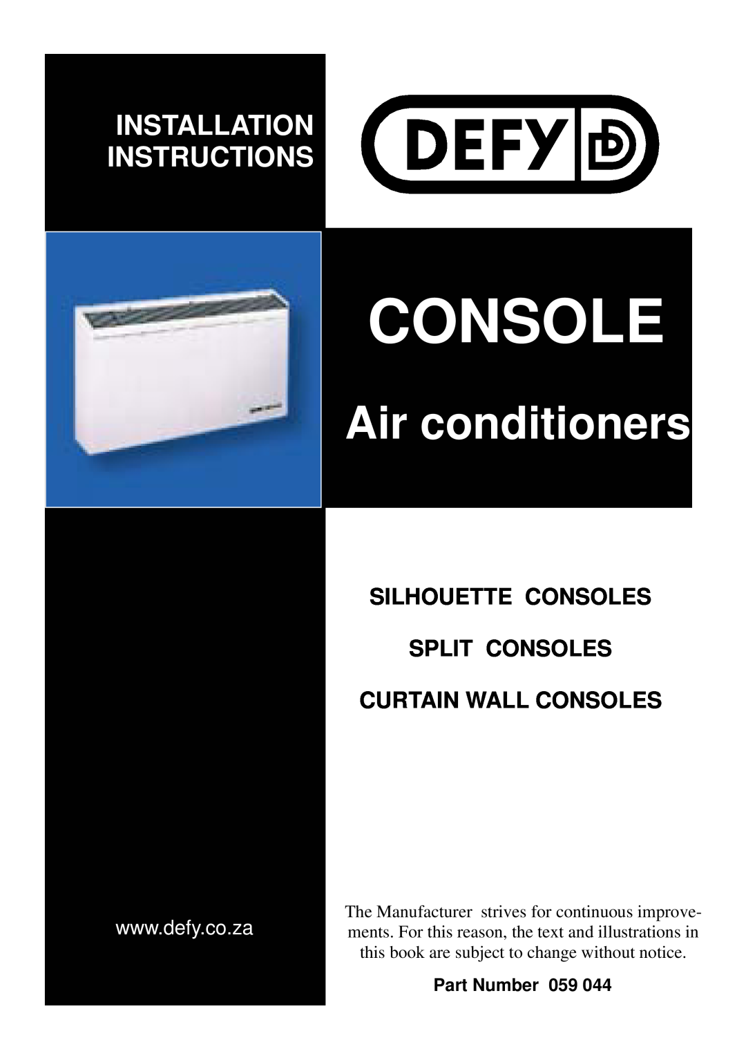 Defy Appliances Part Number 059 044 installation instructions Console, Air conditioners, Installation Instructions 