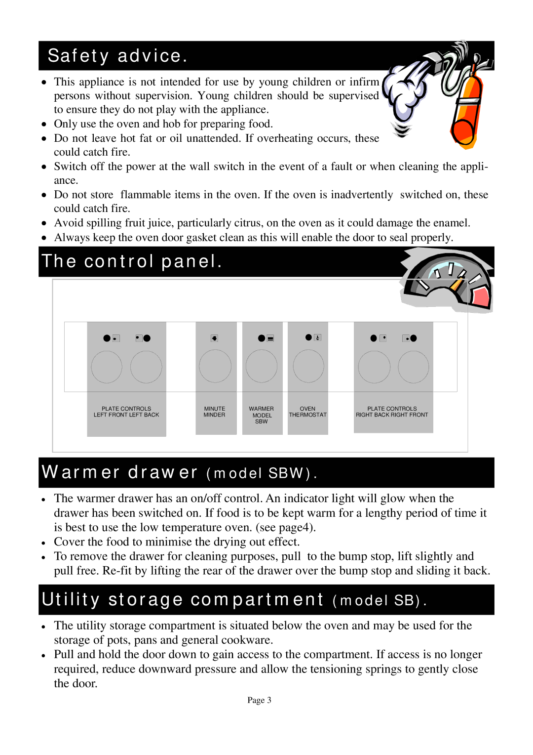 Defy Appliances owner manual Safety advice, Control panel, Warmer drawer model SBW, Utility storage compartment model SB 