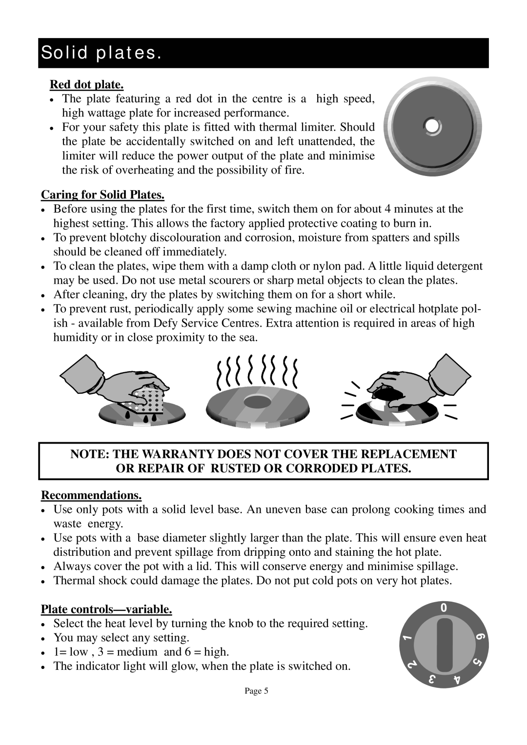 Defy Appliances SBW Solid plates, Red dot plate, Caring for Solid Plates, Recommendations, Plate controls-variable 