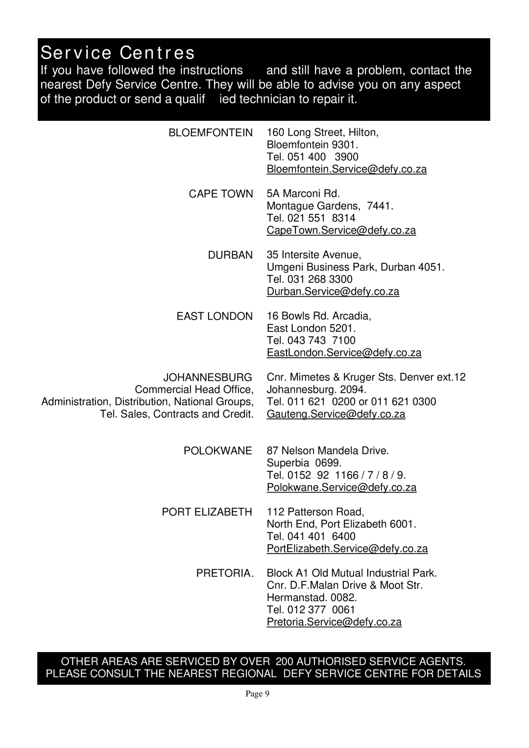 Defy Appliances SBW owner manual Service Centres, Johannesburg 