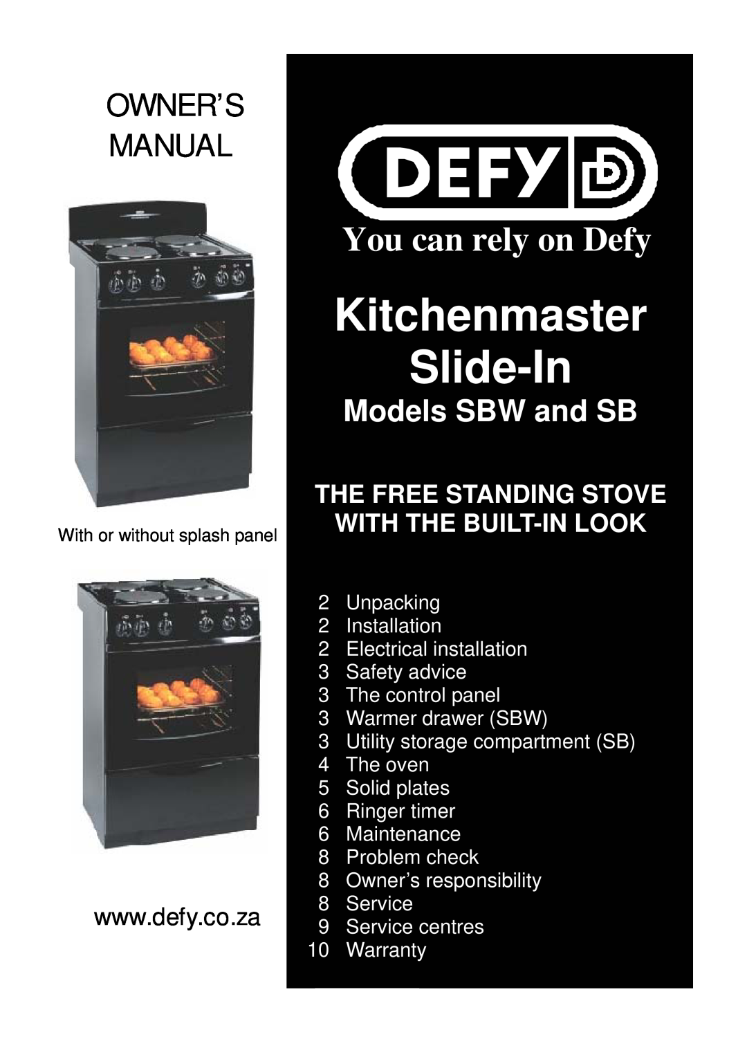 Defy Appliances owner manual Kitchenmaster Slide-In, Owner’S Manual, You can rely on Defy, Models SBW and SB 