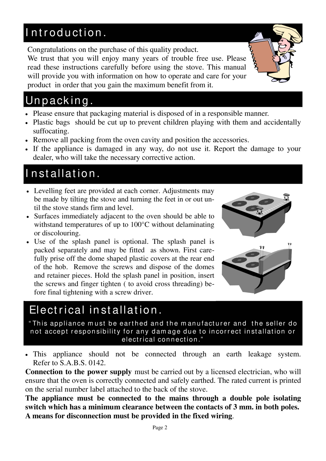 Defy Appliances SBW owner manual Introduction, Unpacking, Electrical installation 