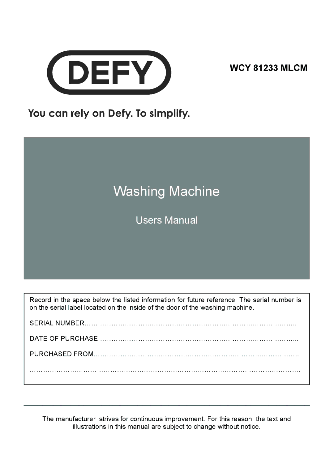 Defy Appliances WCY 81233 MLCM manual #$% #!*+,# 