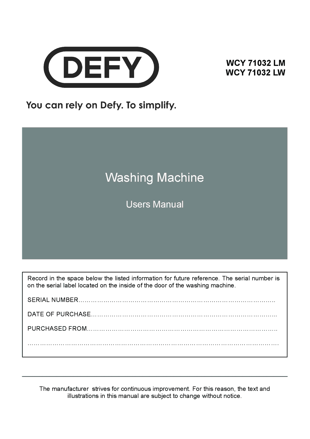 Defy Appliances WCY71032LM, WCY71032LW manual #$% #!*+,# 