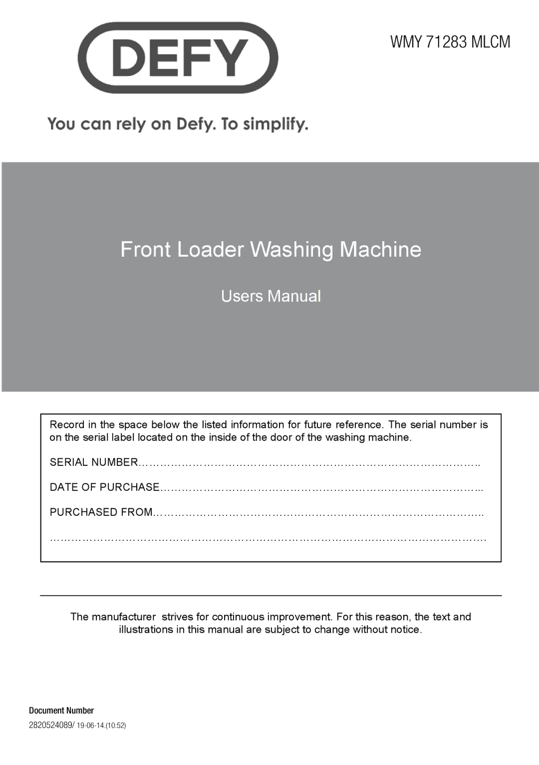 Defy Appliances WMY 71283 MLCM manual , Document Number 