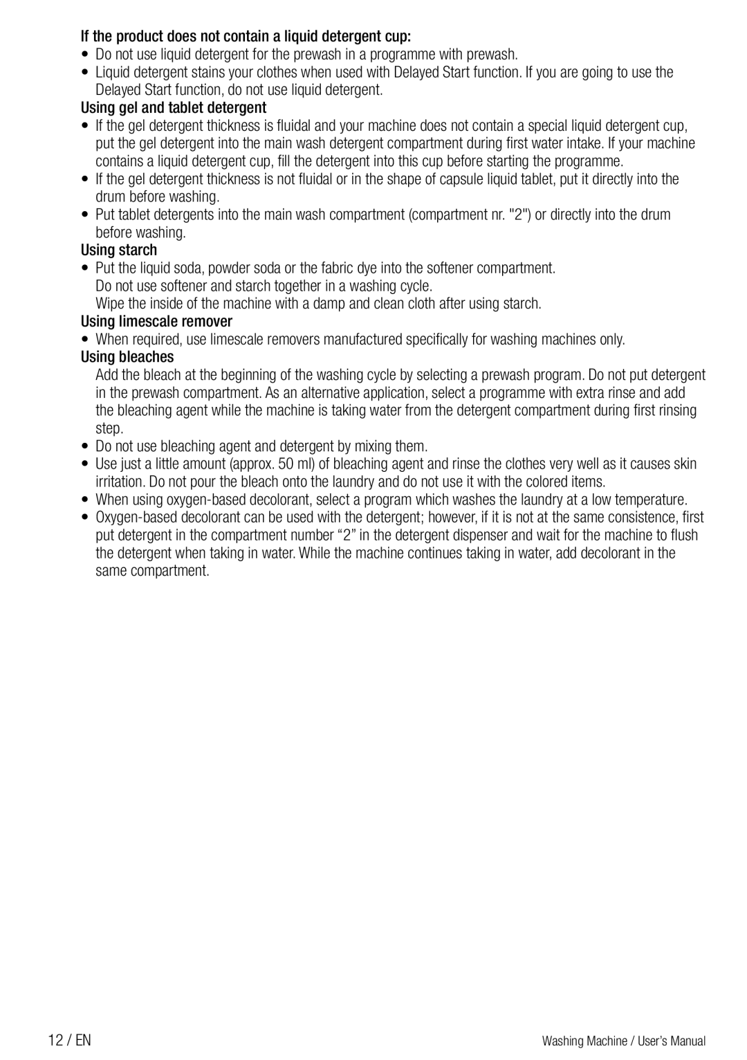 Defy Appliances WMY 71283 MLCM manual Using bleaches, Do not use bleaching agent and detergent by mixing them, 12 / EN 