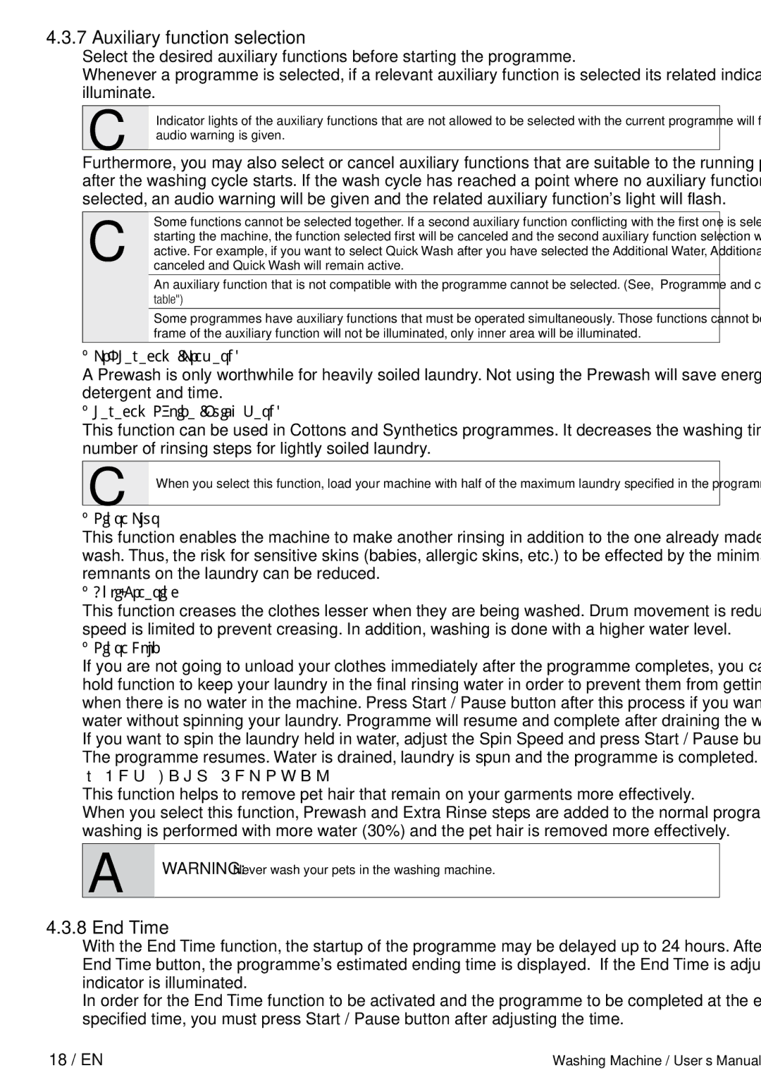 Defy Appliances WMY 71283 MLCM manual Auxiliary function selection, End Time, 18 / EN 