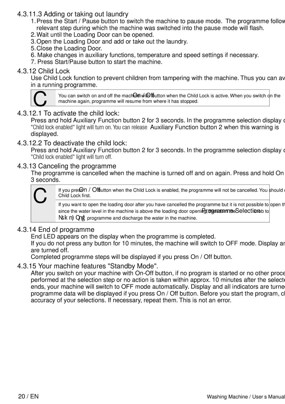 Defy Appliances WMY 71283 MLCM Adding or taking out laundry, Child Lock, To activate the child lock, End of programme 