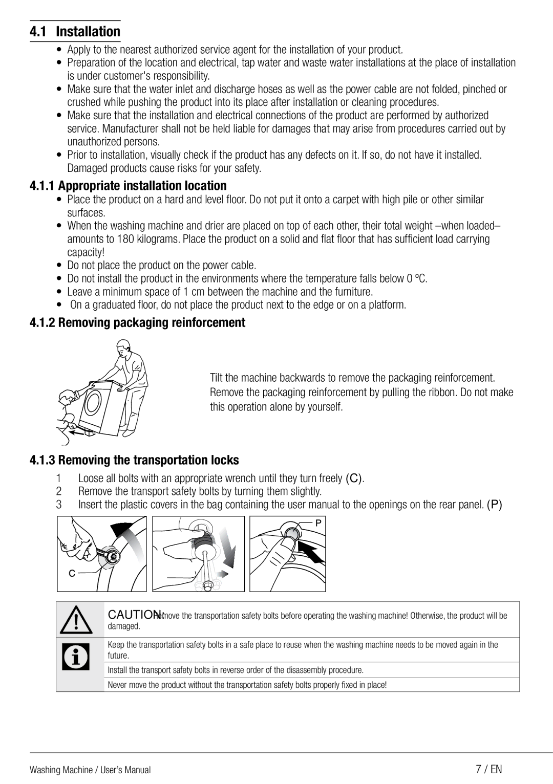 Defy Appliances WMY 71283 MLCM manual Installation, Appropriate installation location, Removing packaging reinforcement 