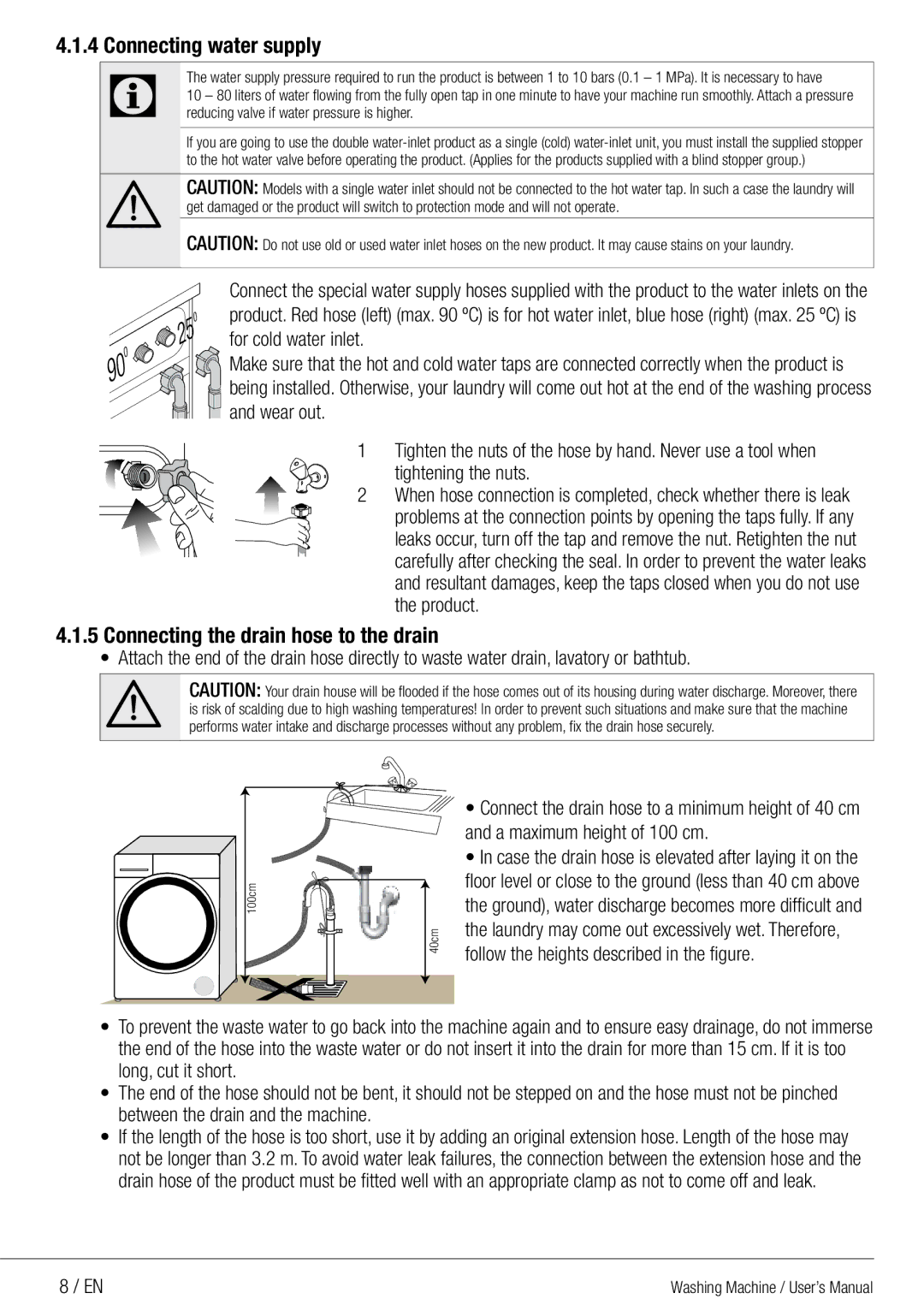 Defy Appliances WMY 71283 MLCM manual Connecting water supply, Connecting the drain hose to the drain, For cold water inlet 