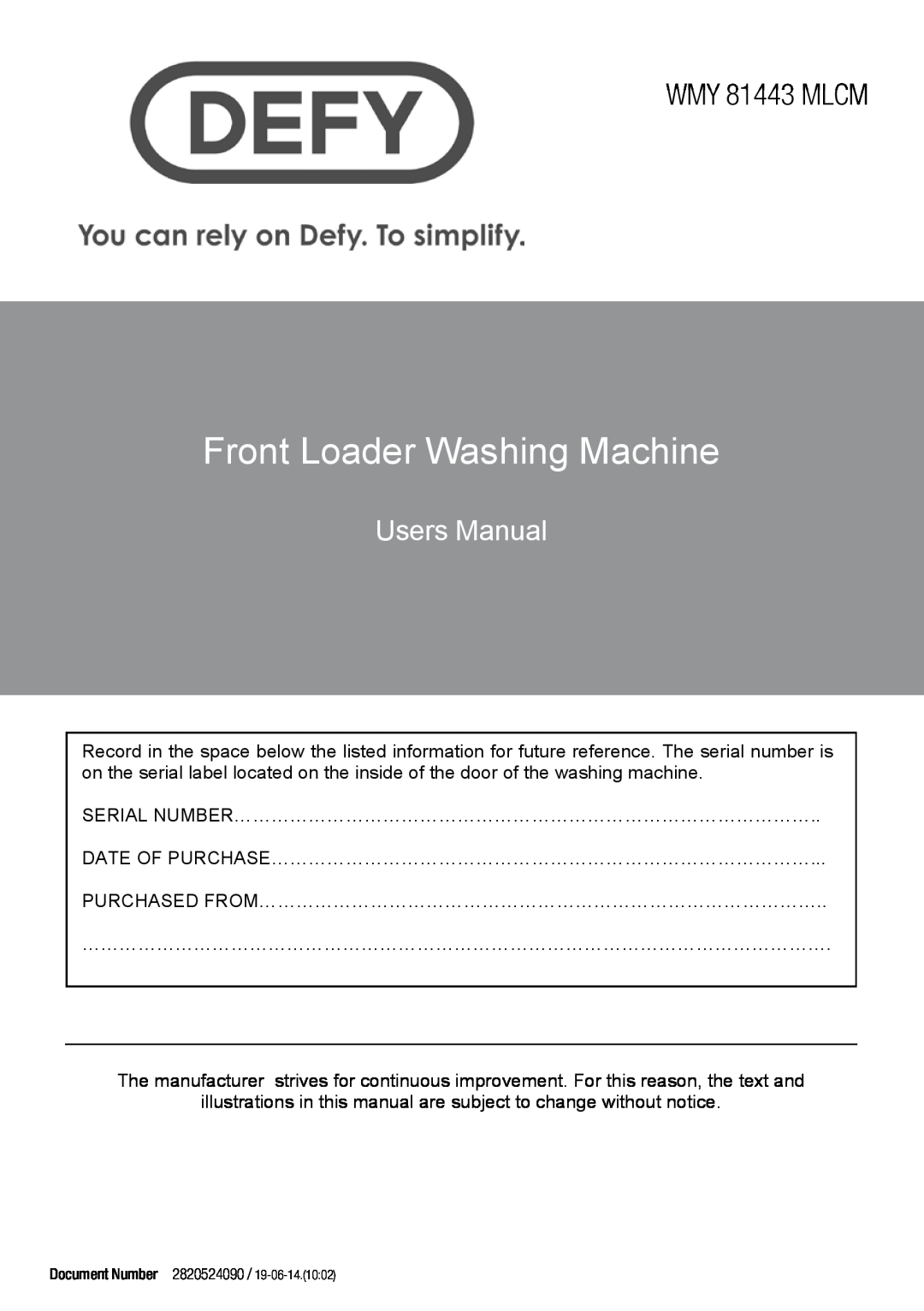 Defy Appliances WMY 81443 MLCM manual ,  