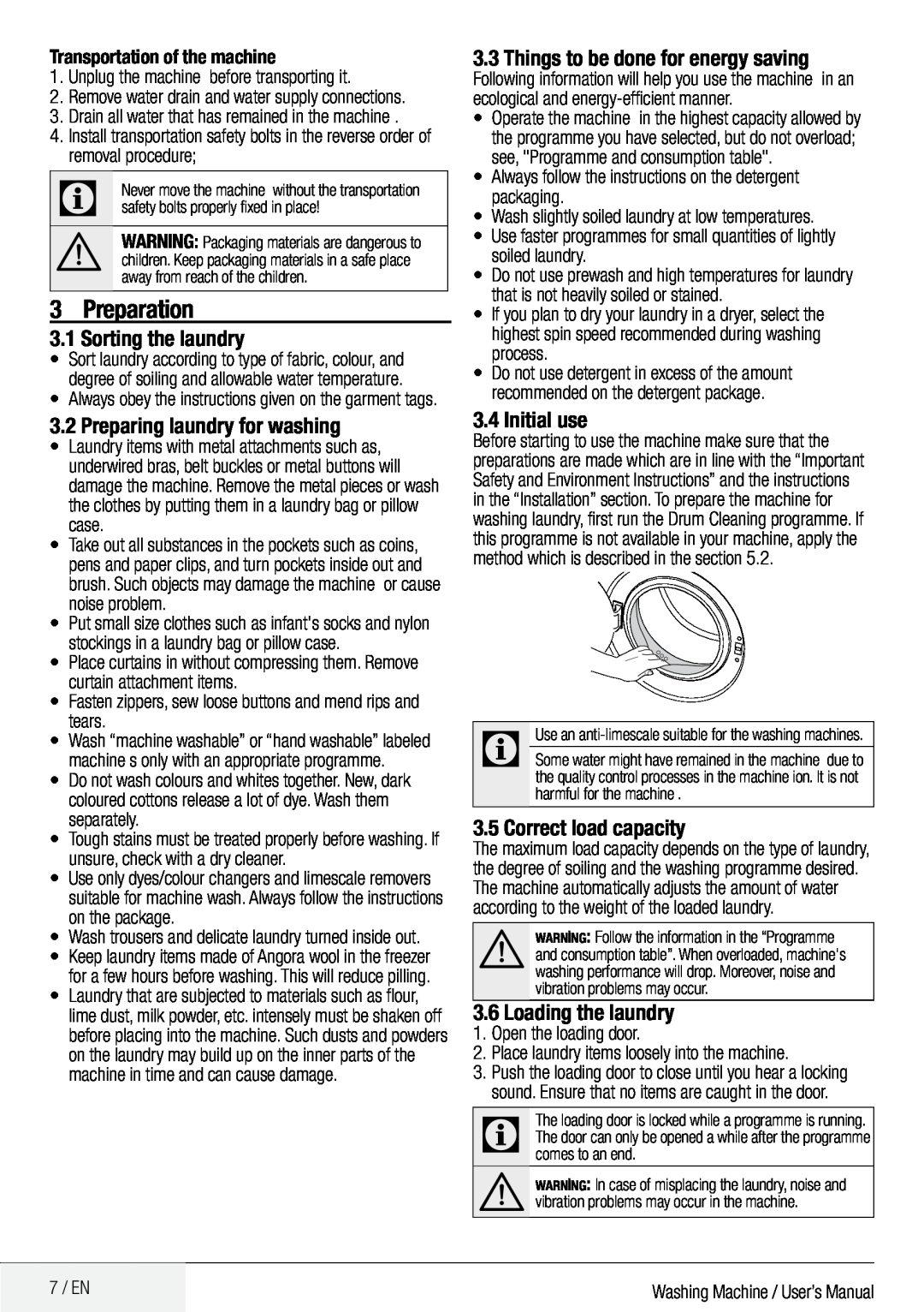 Defy Appliances WMY 81443 MLCM manual Preparation, Sorting the laundry, Preparing laundry for washing, Initial use 