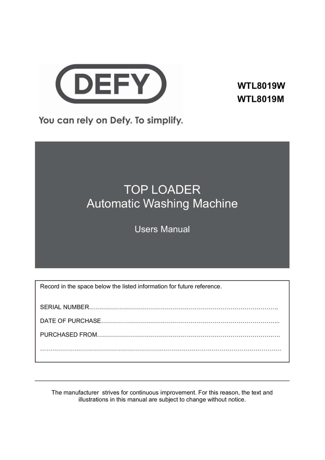 Defy Appliances WTL8019M, WTL8019W manual 