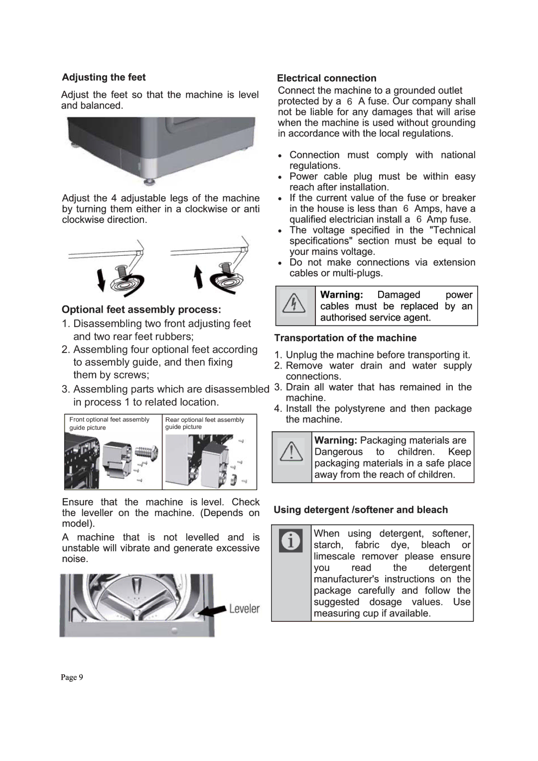 Defy Appliances WTL8019M, WTL8019W manual Optional feet assembly process 