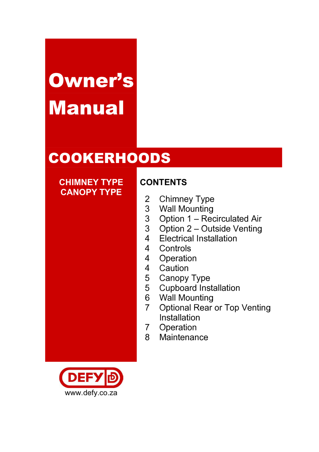 Defy Appliances ZyXEL 802.11a/g Wireless CardBus Card owner manual Owner’s Manual, Chimney Type Contents Canopy Type 