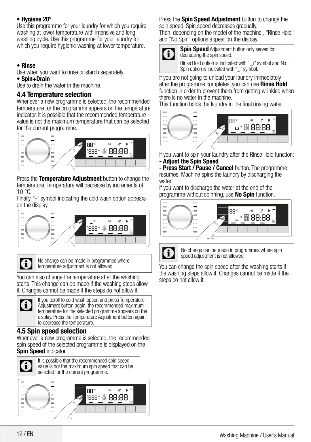 DEFY Front Loader  WMY 81443 MLCM manual Temperature selection, Spin speed selection 