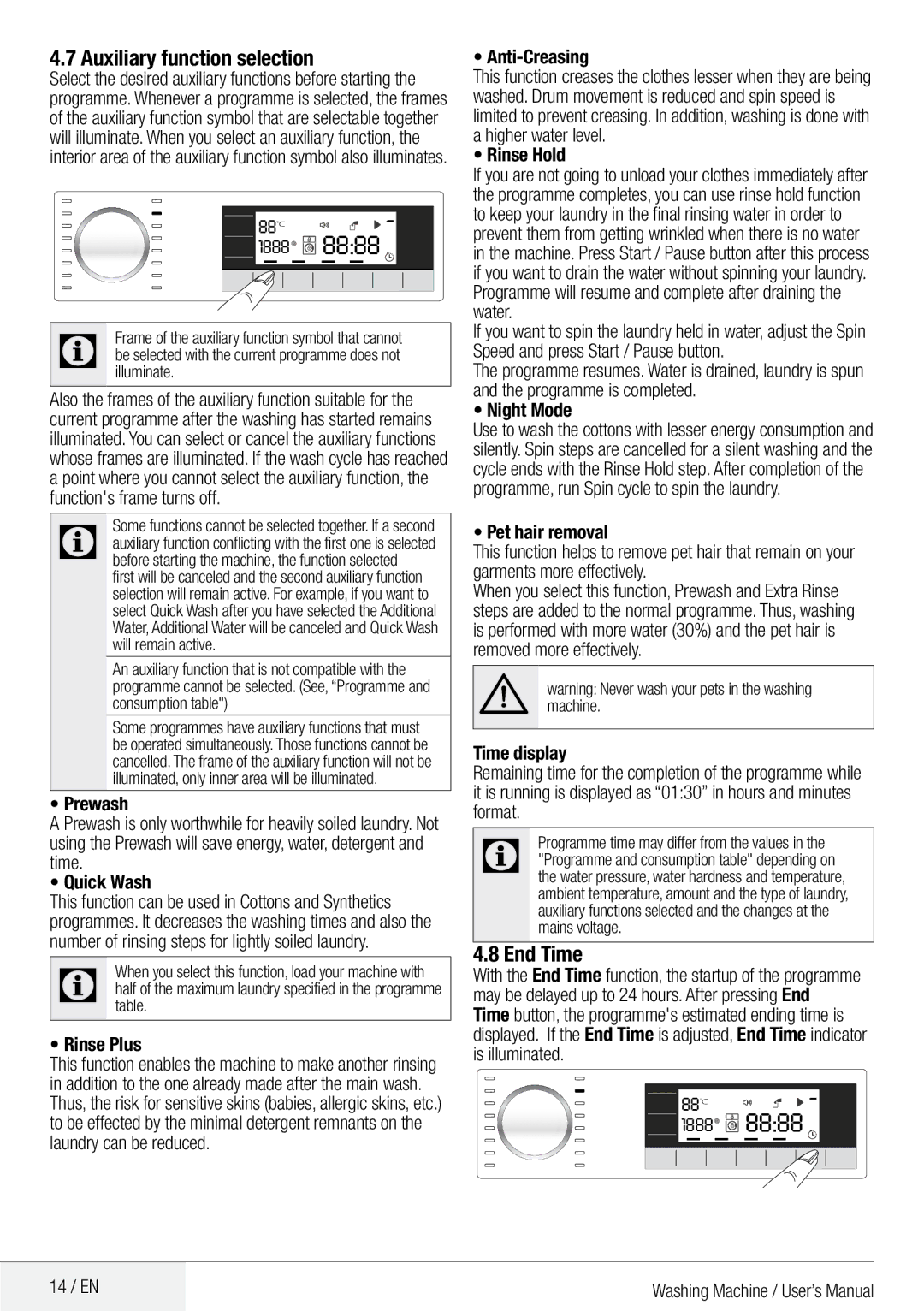 DEFY Front Loader  WMY 81443 MLCM manual Auxiliary function selection, End Time 