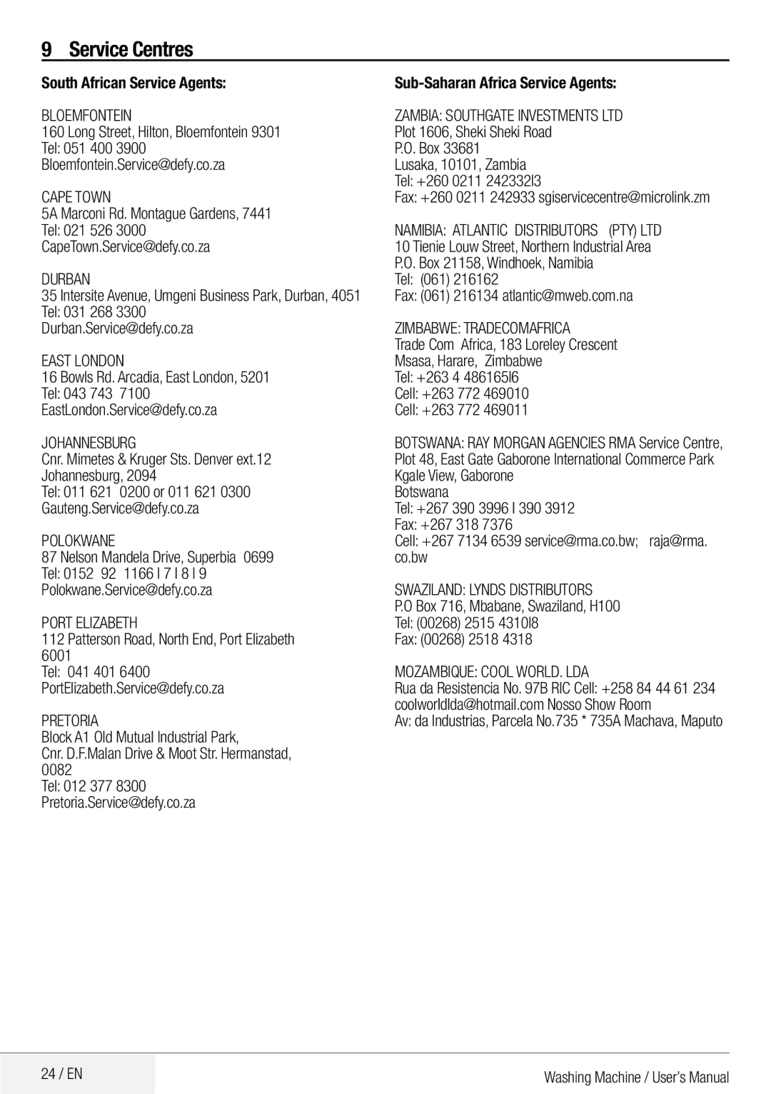 DEFY Front Loader  WMY 81443 MLCM manual Service Centres 