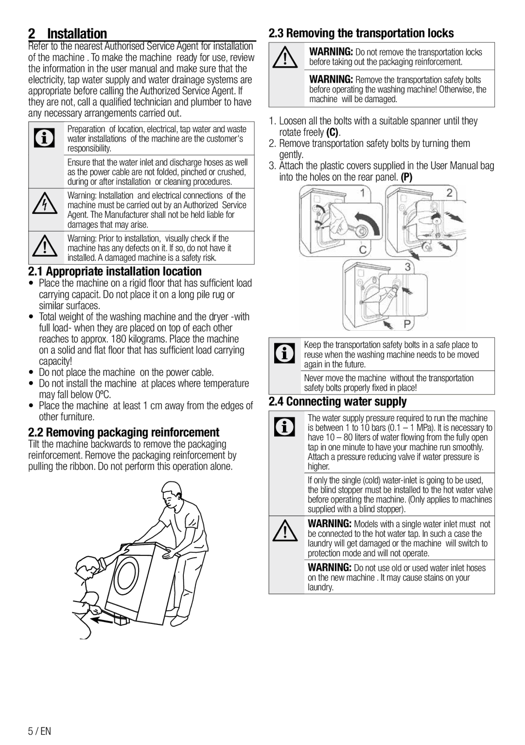 DEFY Front Loader  WMY 81443 MLCM manual Installation, Appropriate installation location, Removing packaging reinforcement 