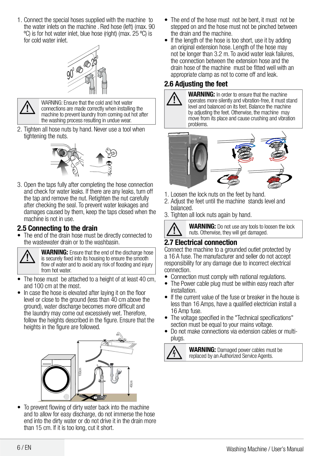 DEFY Front Loader  WMY 81443 MLCM manual Connecting to the drain, Adjusting the feet, Electrical connection 