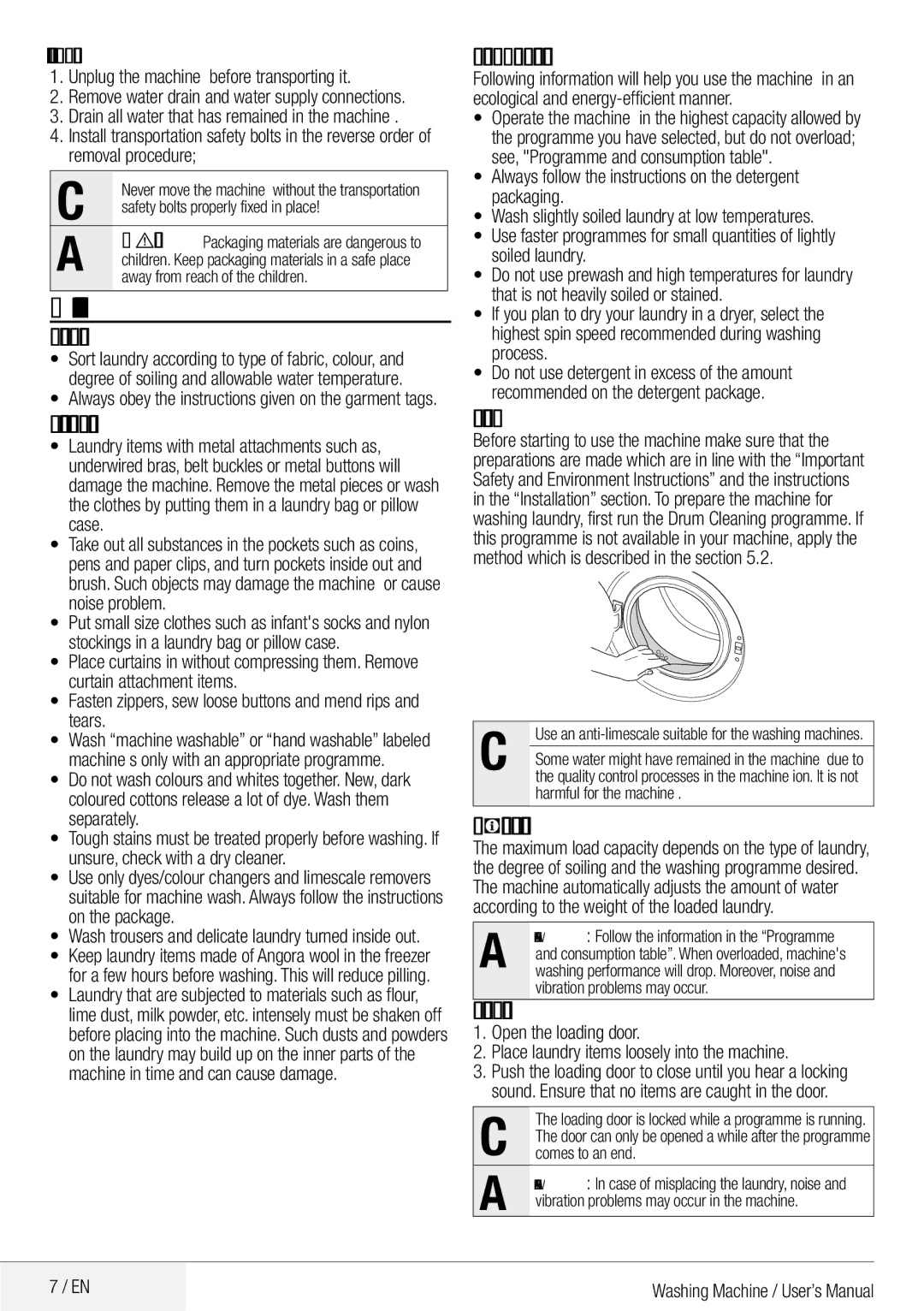 DEFY Front Loader  WMY 81443 MLCM manual Preparation 