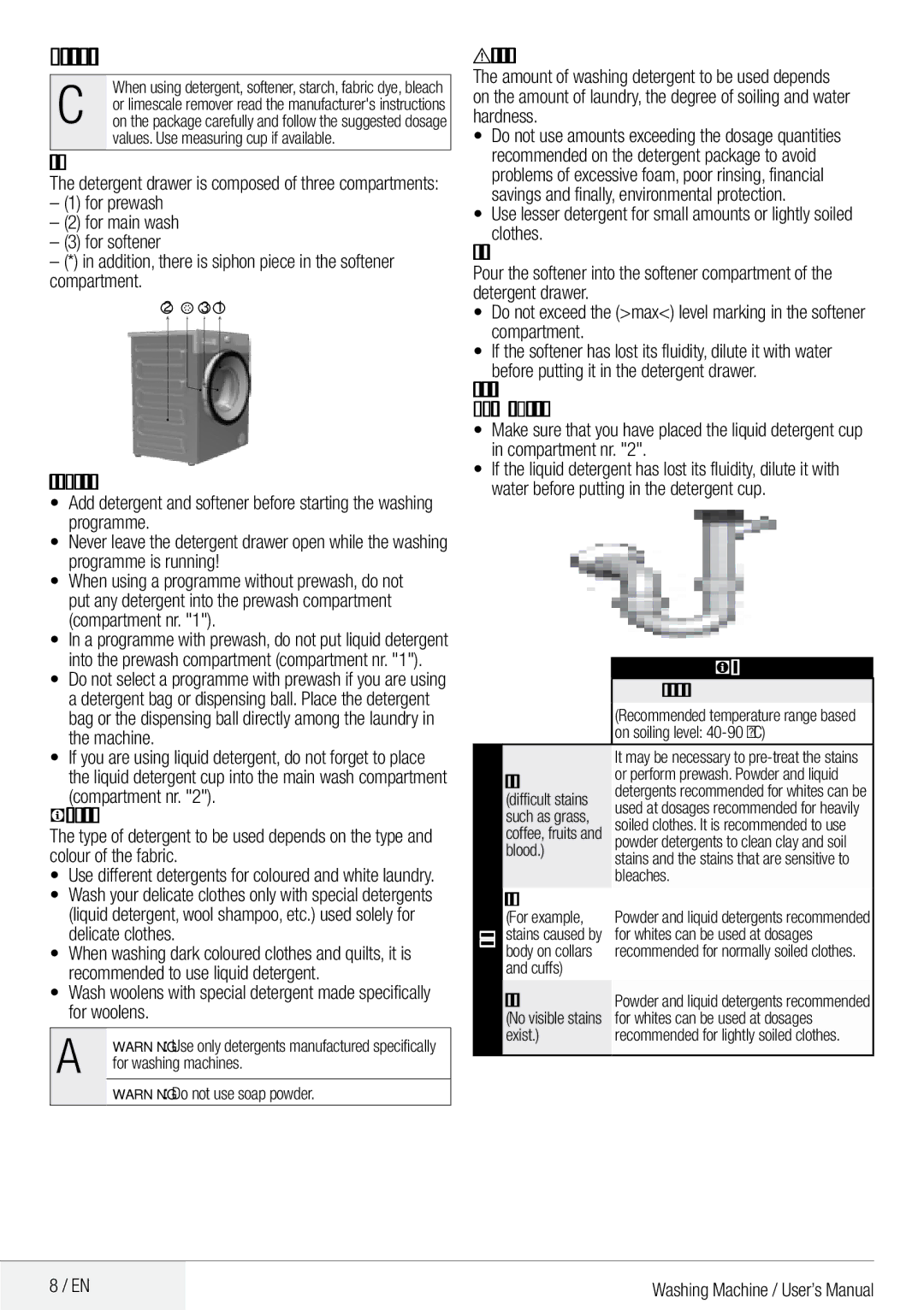 DEFY Front Loader  WMY 81443 MLCM manual Using detergent and softener, Detergent Drawer, Compartment nr 