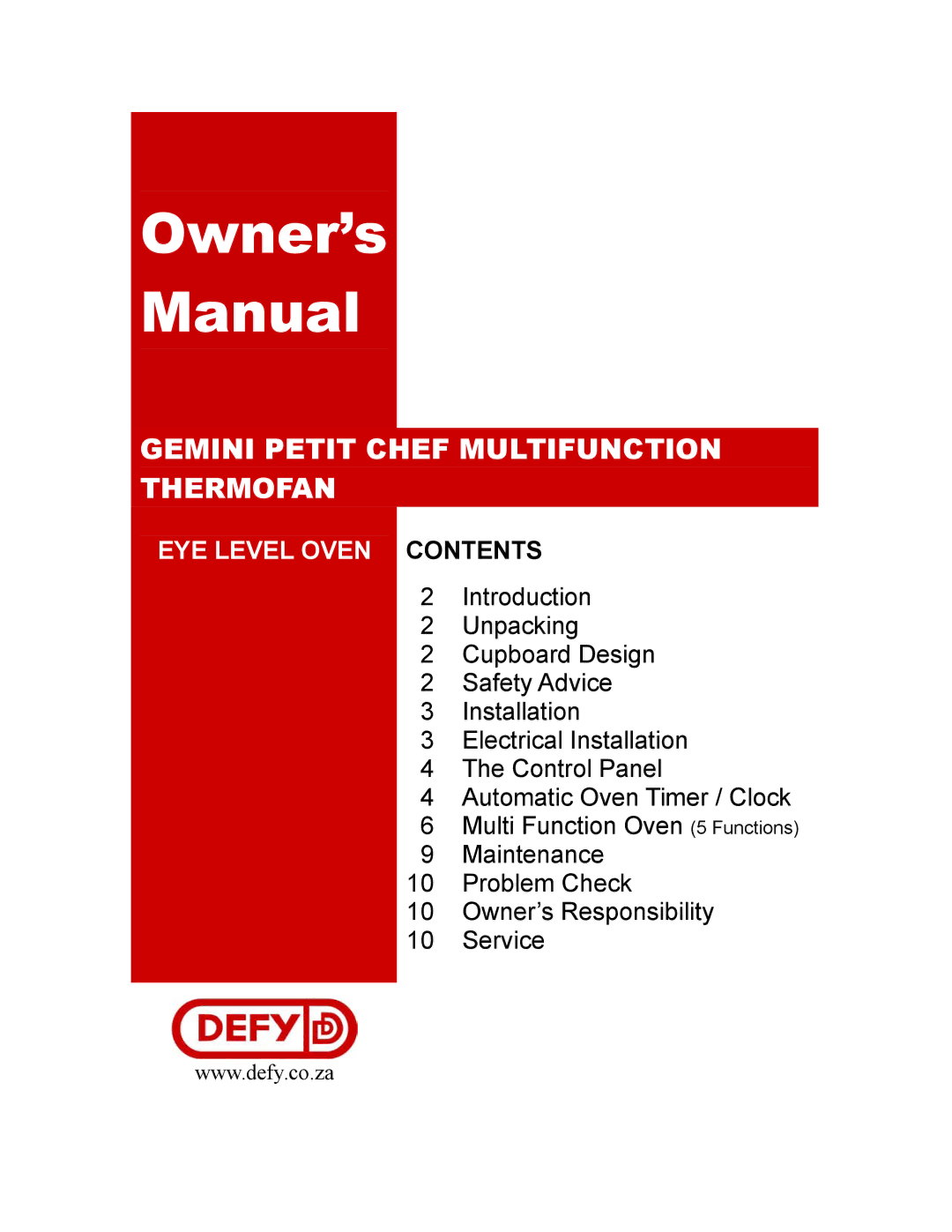 DEFY GEMINI PETIT CHEF MULTIFUNCTION THERMOFAN manual Owner’s Manual, EYE Level Oven Contents 