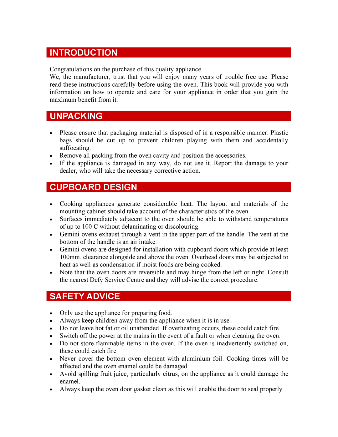 DEFY GEMINI PETIT CHEF MULTIFUNCTION THERMOFAN manual Introduction, Unpacking, Cupboard Design, Safety Advice 