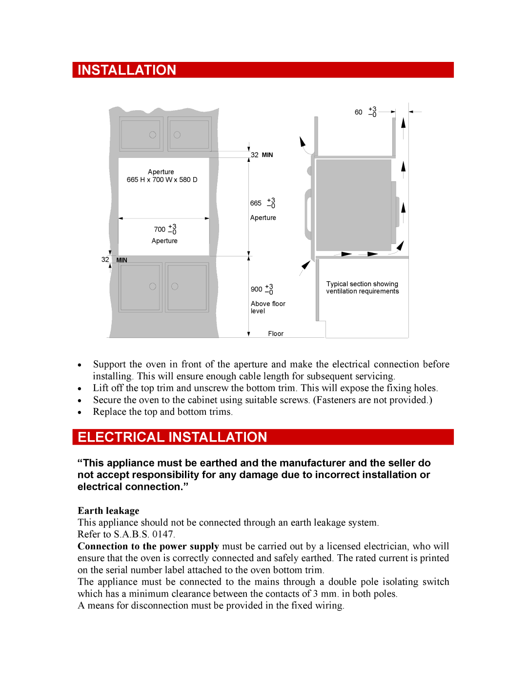 DEFY GEMINI PETIT CHEF MULTIFUNCTION THERMOFAN manual Electrical Installation, Earth leakage 