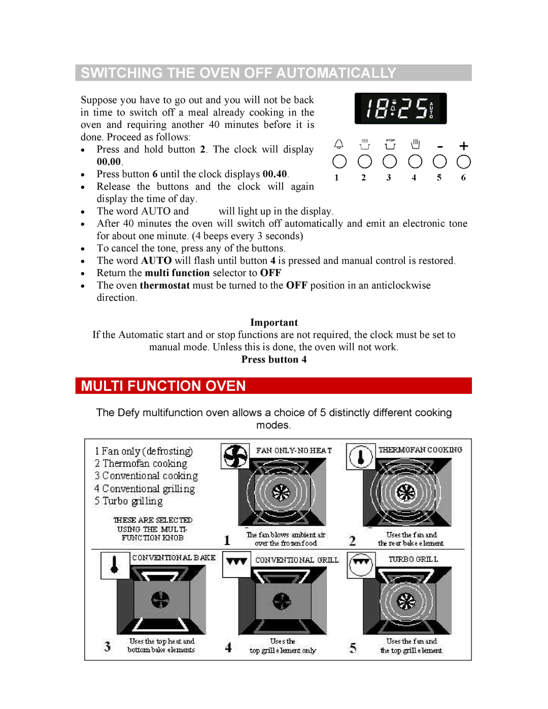 DEFY GEMINI PETIT CHEF MULTIFUNCTION THERMOFAN manual Switching the Oven OFF Automatically, Multi Function Oven, 00.00 